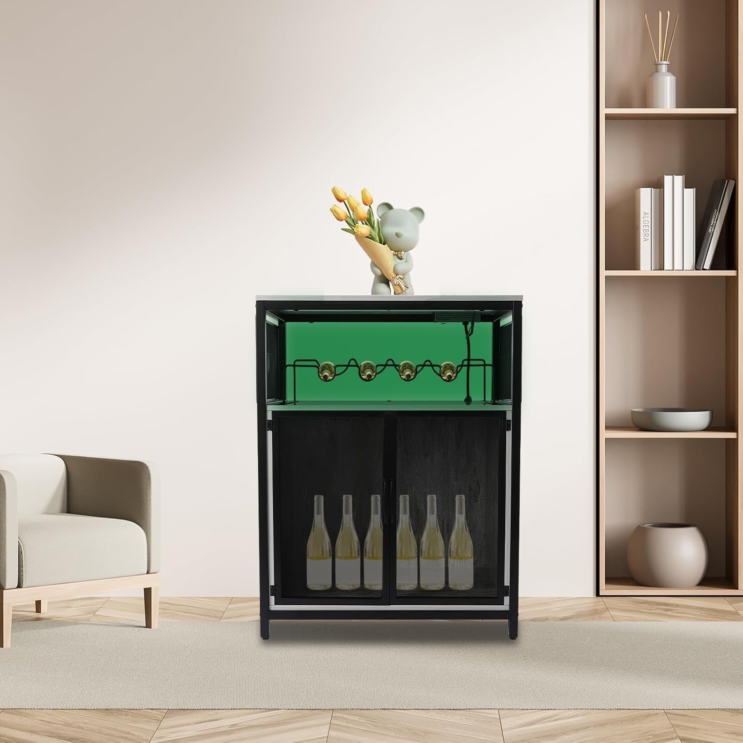 Industrial Wine Bar Cabinet with RGB Lights & Glass Holder Storage