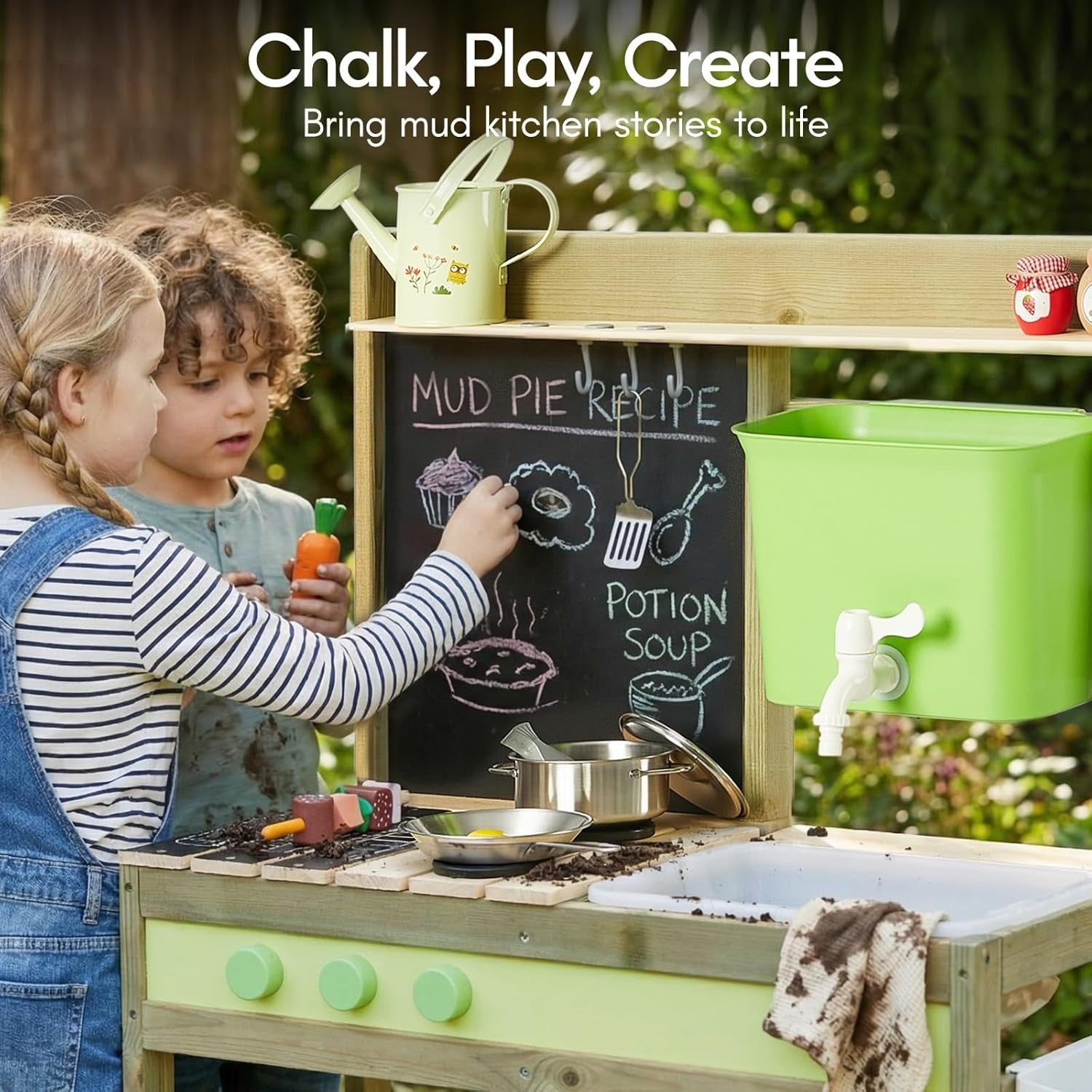 Outdoor Mud Kitchen for Kids Wooden Playset w/ Water Tank BBQ