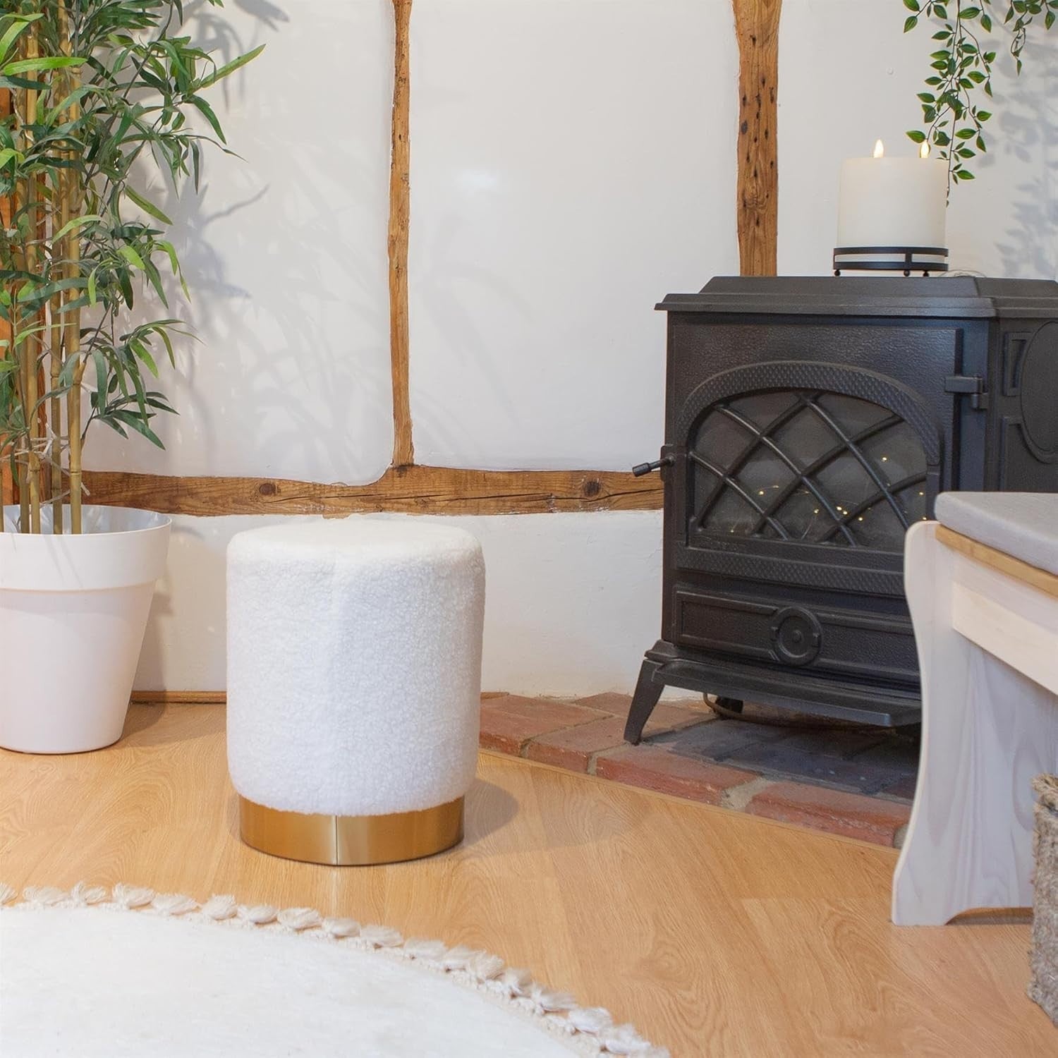 Set of 2 Yellow Bouclé Round Footstools Gold Base Modern Pouffe Seats