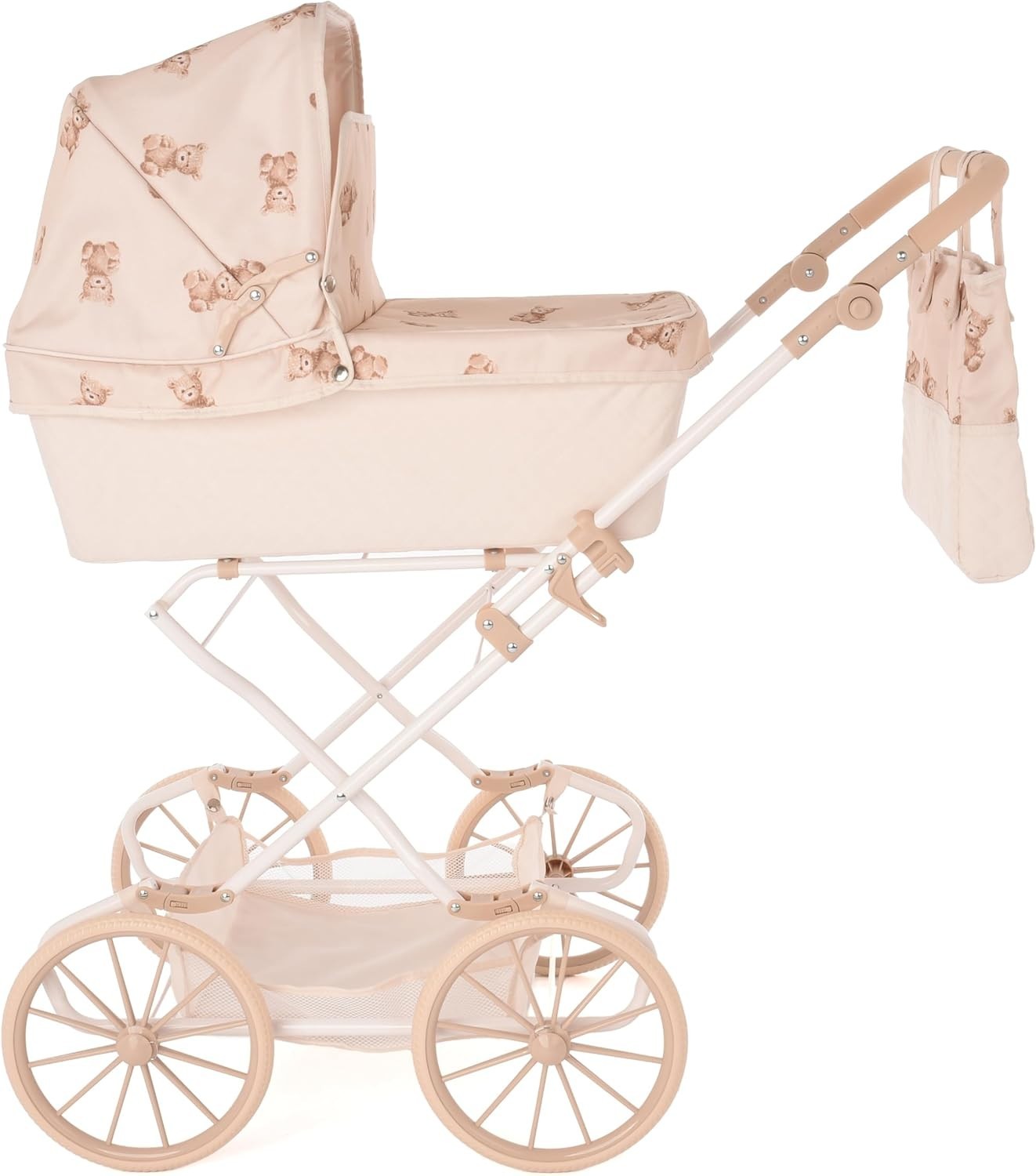 Vintage Doll Pram Teddy Design Adjustable Handle Tall Kids Basket