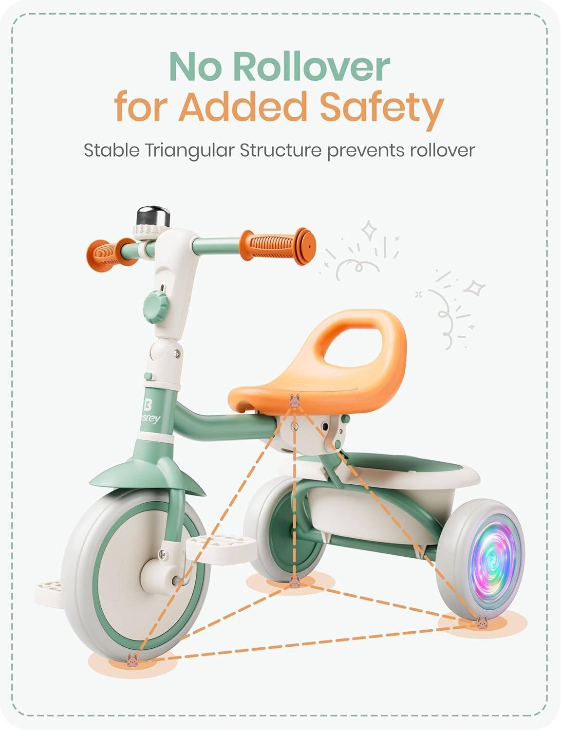 Kids Tricycle Flash LED Wheels Foldable Toddler Trike Green Age 18M-5Y