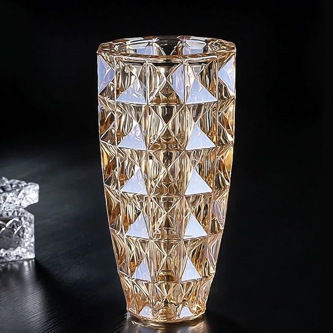 Diamond Cut Glass Vase Tall Amber Crystal Style Flower Vase Luxury Decor