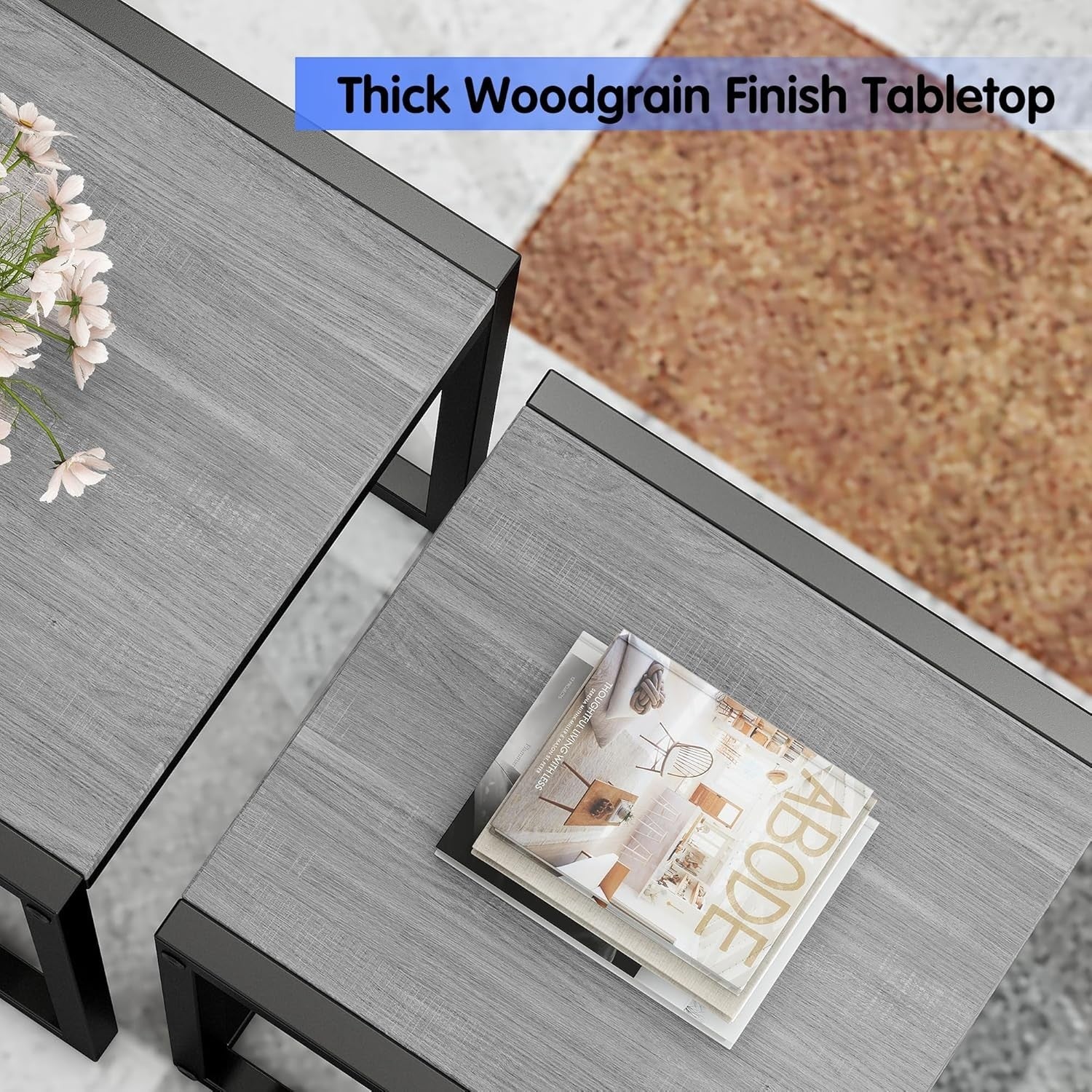 Set of 3 Grey Nesting Tables Wood Top Metal Legs Modern Living Room End
