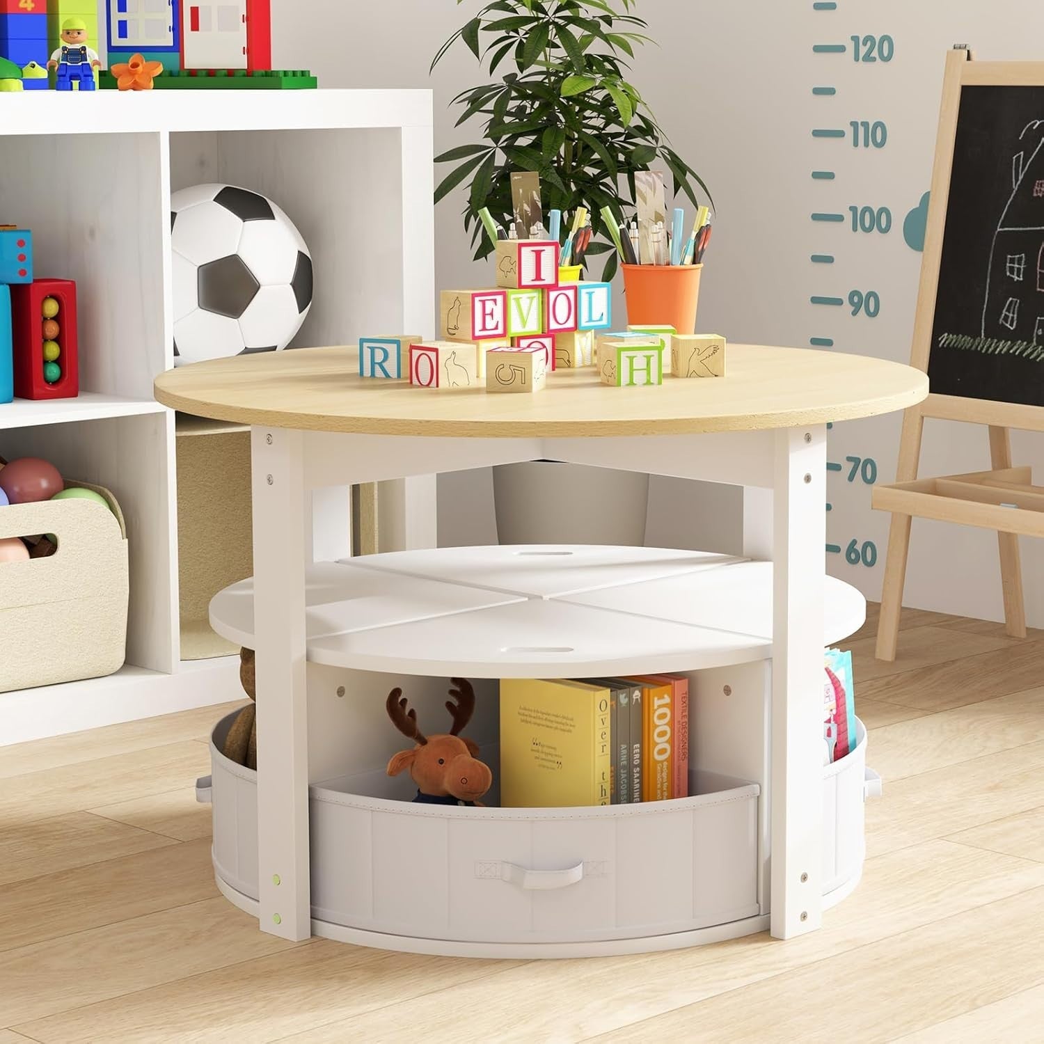 Kids Round Table & 4 Storage Stools Set with Fabric Drawers for Play & Learn