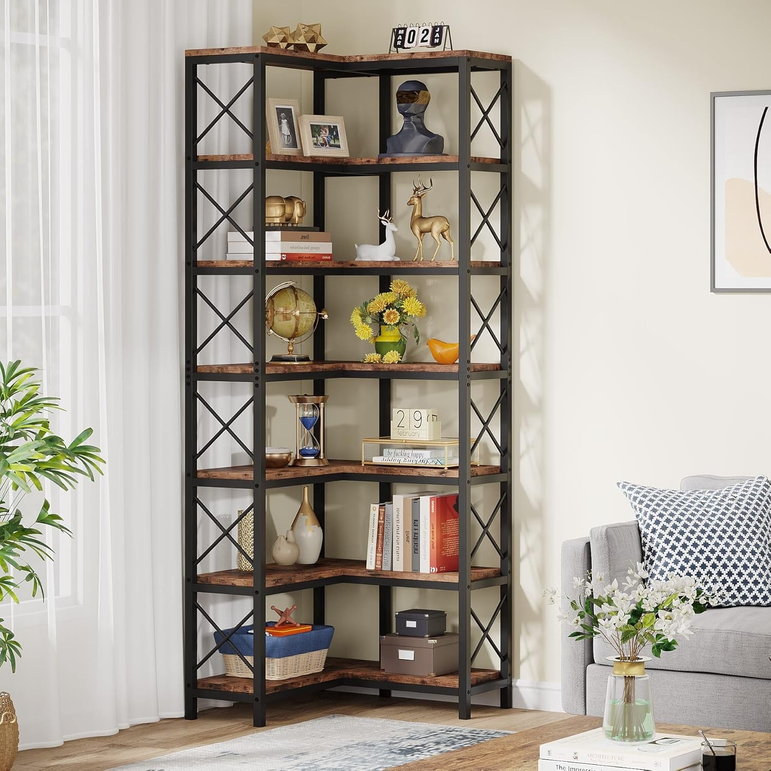 Tall 7-Tier Corner Bookshelf | 200cm Rustic Wood & Metal Display Storage Unit
