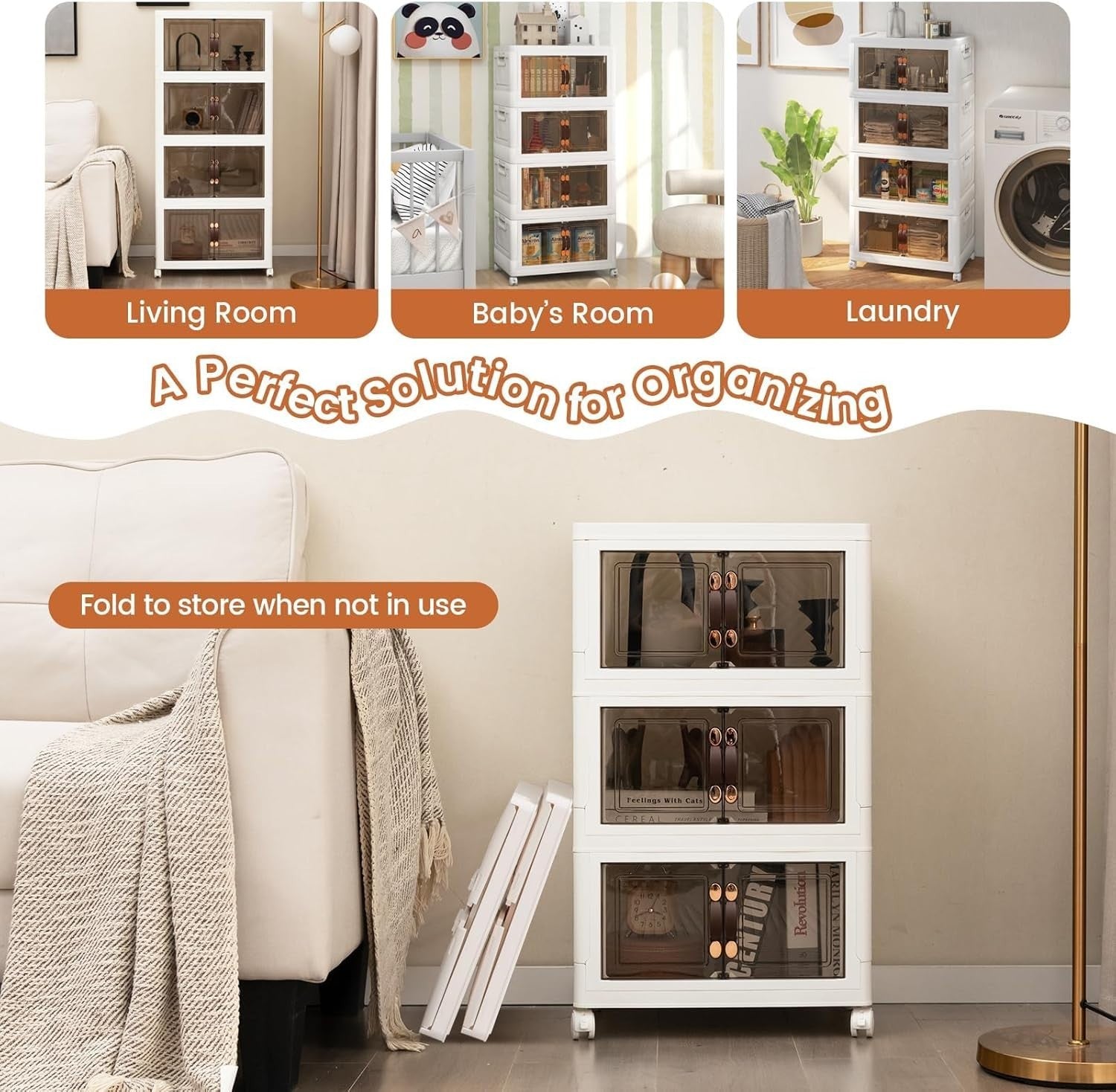 4-Tier Lockable Wheeled Shoe Storage Cabinet Folding Stackable Organizer