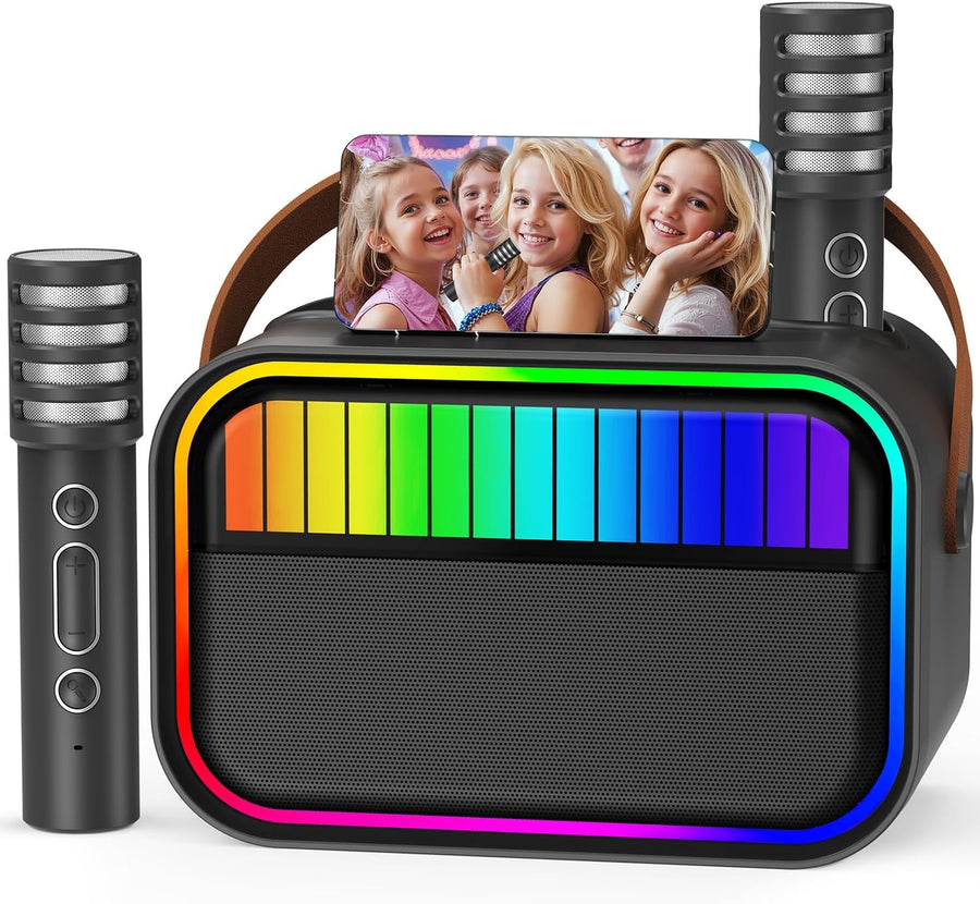 Kids Karaoke Machine 2 Mics Bluetooth LED Party Speaker Black