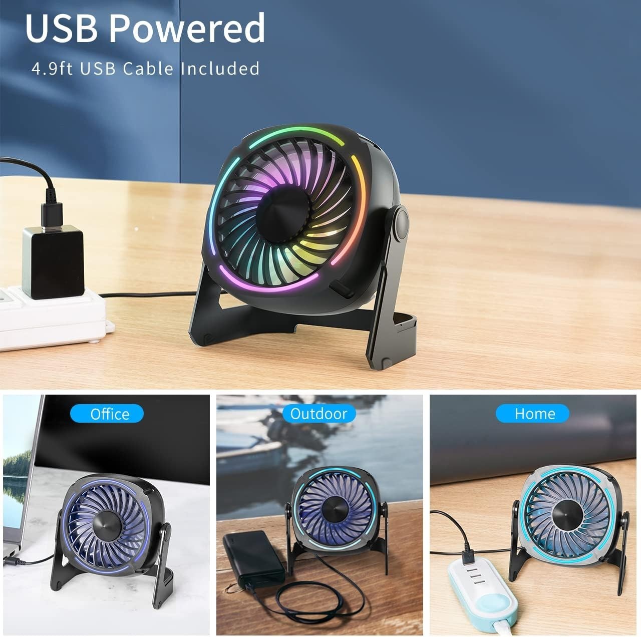 Black USB Desk Fan – 5.3" Portable 3-Speed Fan w/ 8-Color LED & 360° Rotation