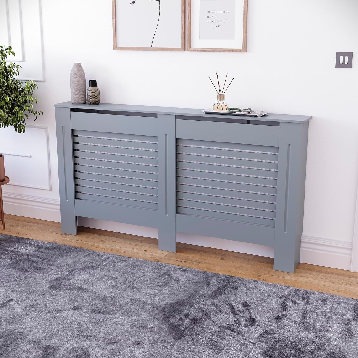 Large Grey Radiator Cover 141x80x16cm Modern MDF Slatted Cabinet