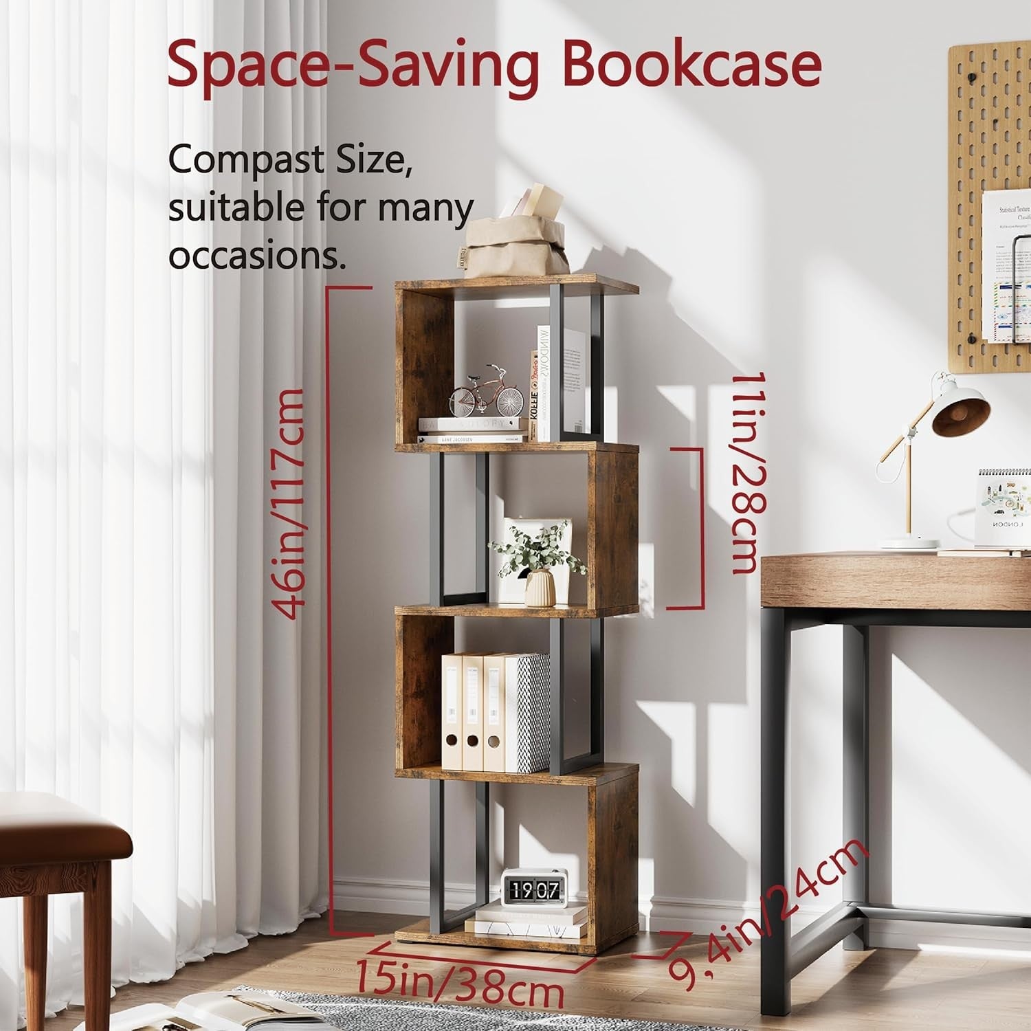 5-Tier S-Shaped Bookcase with LED Lights Rustic Brown Display Storage Shelf Unit