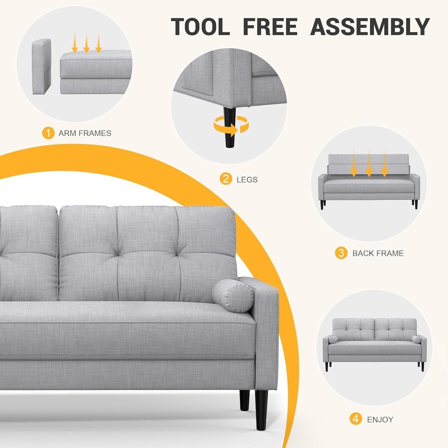 Grey 2 Seater Sofa Linen Fabric Couch Storage Cushions Small Room Ready