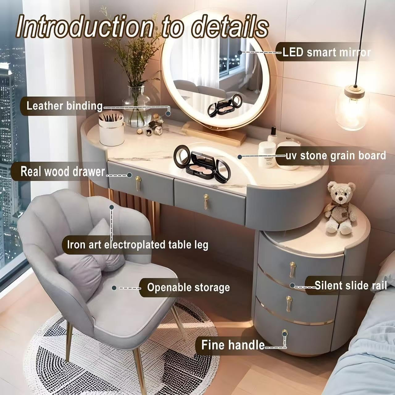 Luxury Vanity Makeup Dressing Table Desk Mirror LED Lights 4 Drawers Grey