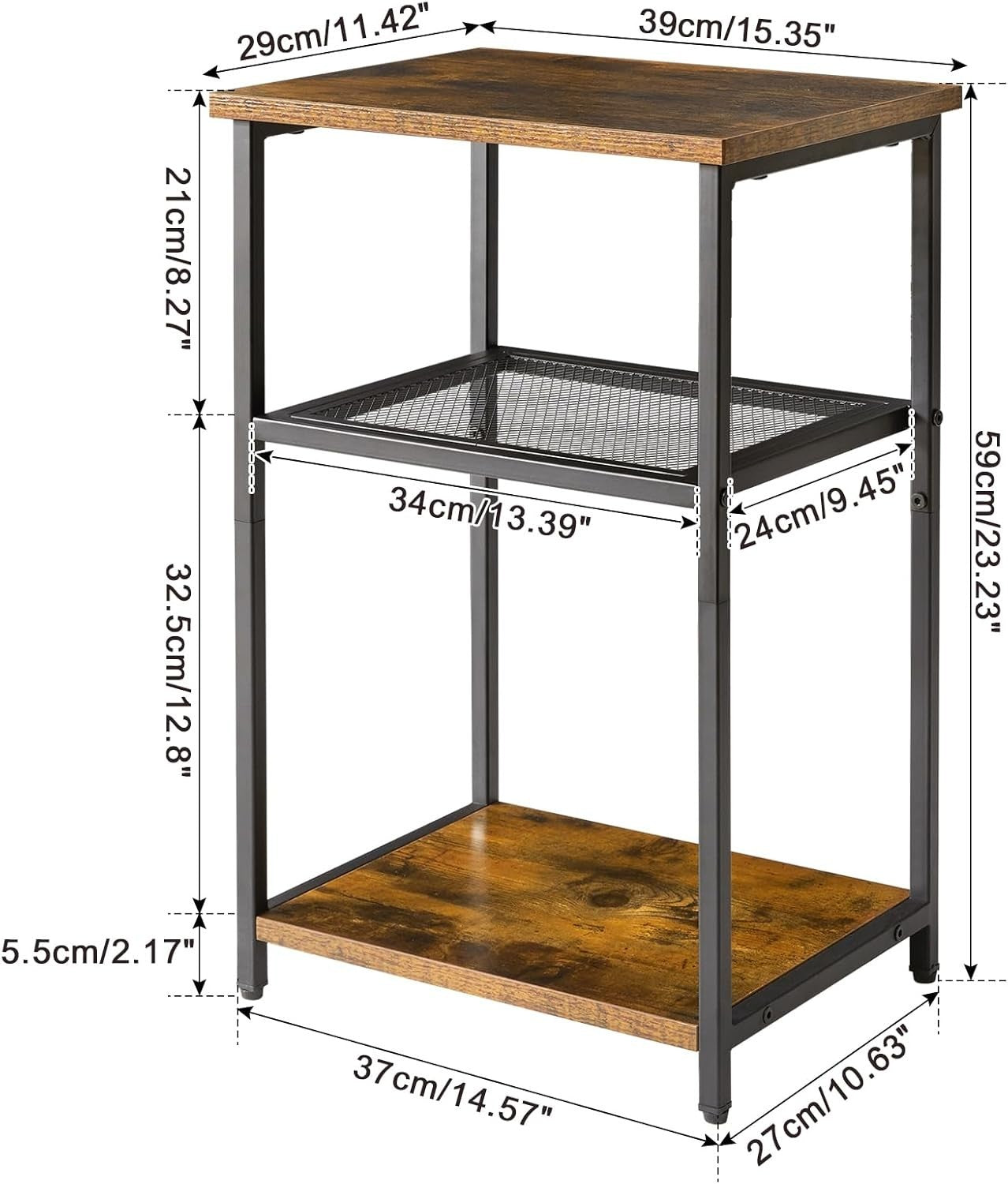3-Tier Industrial Side Table with Wood & Metal Shelves, Compact Storage