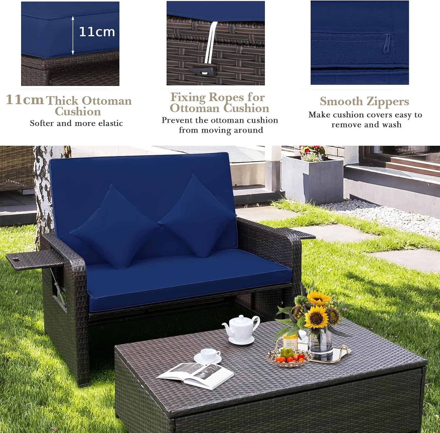 Navy+Brown 2-Seater Rattan Outdoor Daybed with Adjustable Back & Ottoman