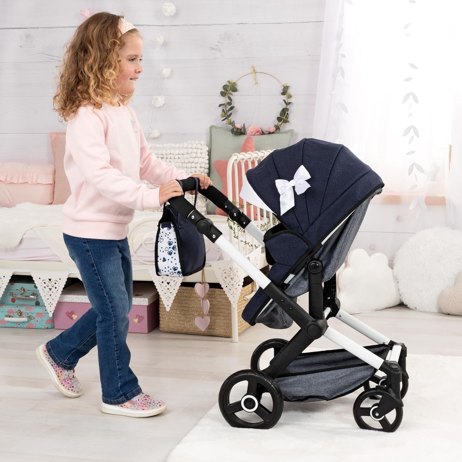 Dolls Pram Pushchair Carrycot Set Adjustable Handle Tall Toy Buggy 6+