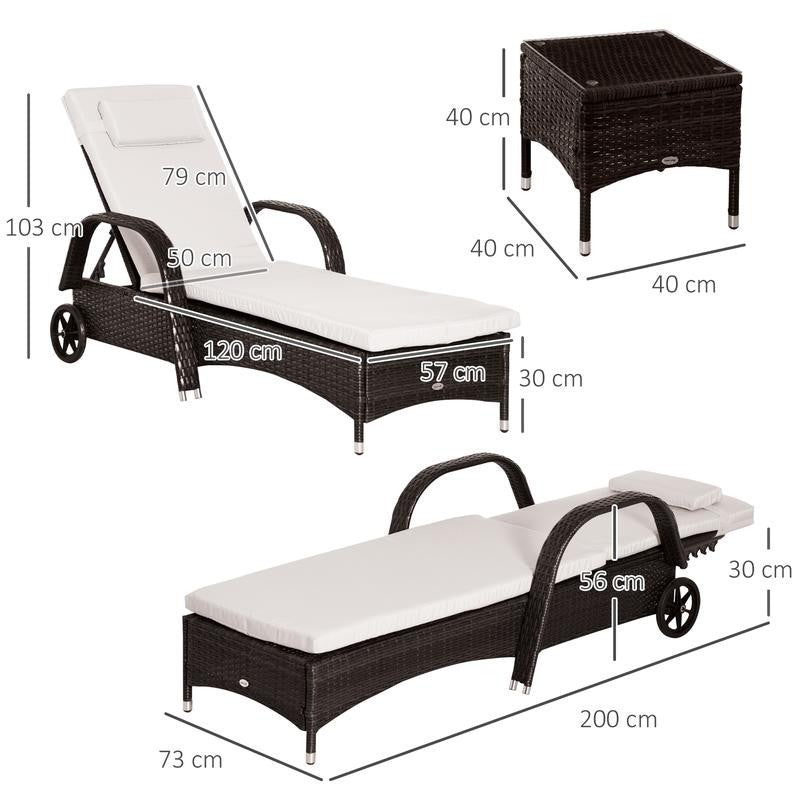 3Pc Rattan Recliner Lounger Set w/ Table Cushions Wheels Garden Patio