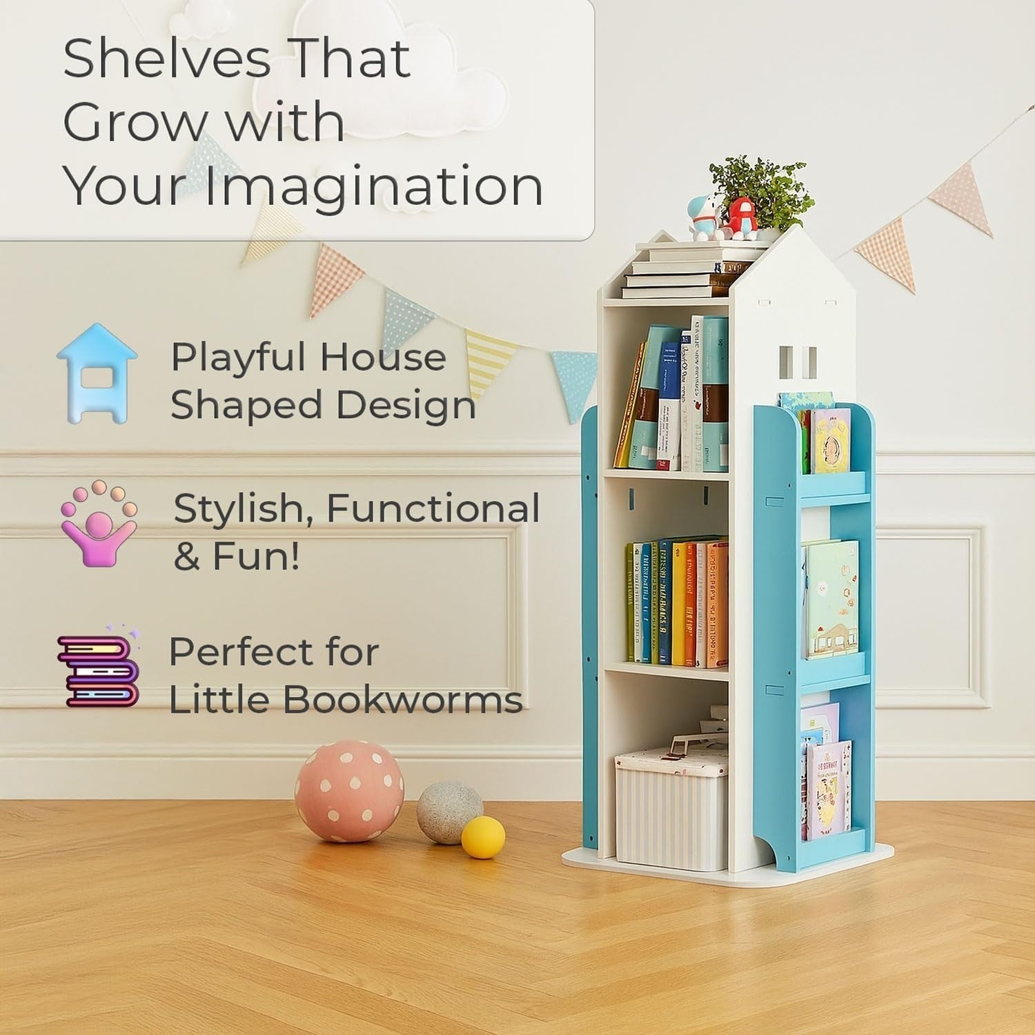 360° Rotating Kids Bookshelf 10-Shelf Freestanding Space-Saving Bookcase Blue