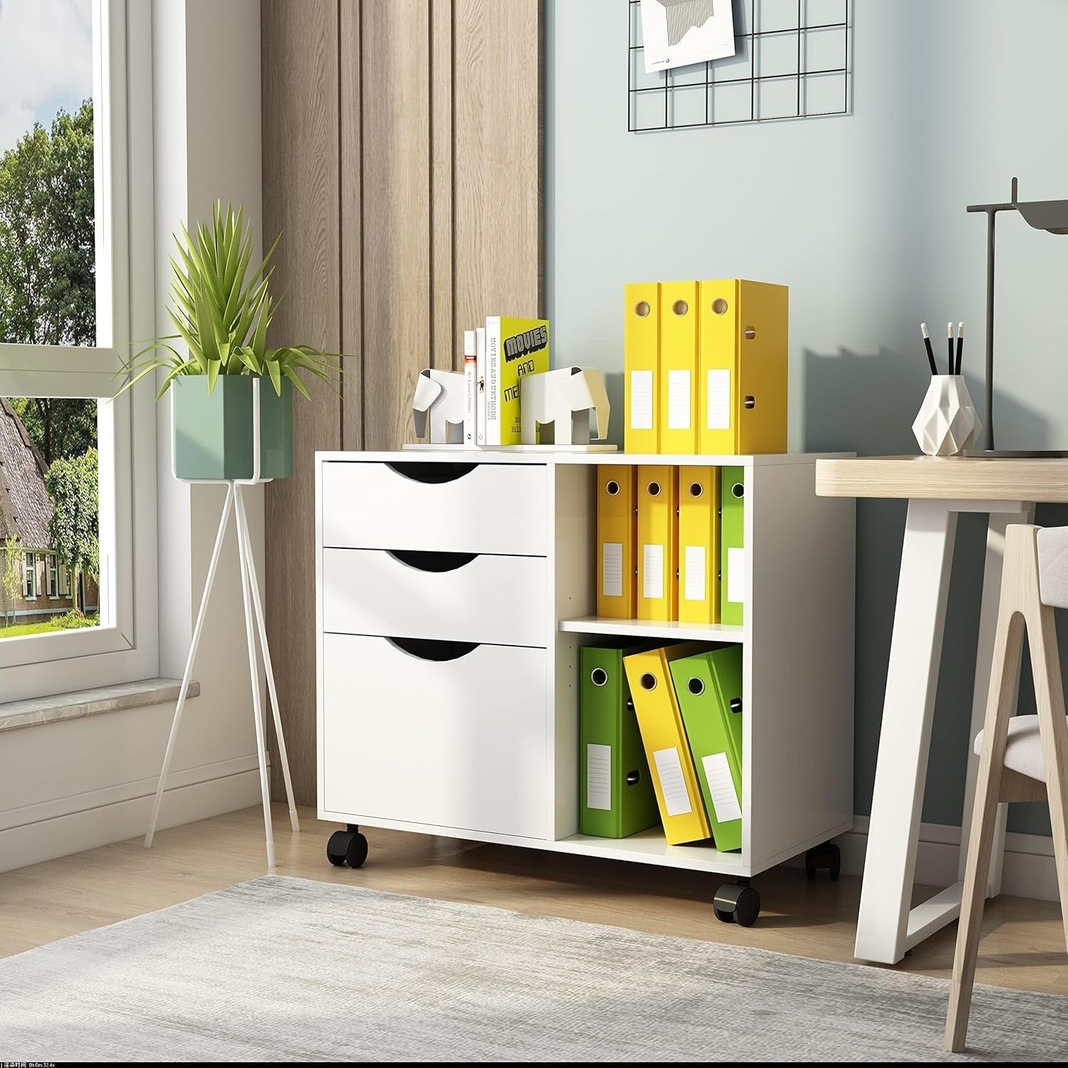 Large Rolling Lateral File Cabinet 3 Drawer Open Shelf Printer Stand