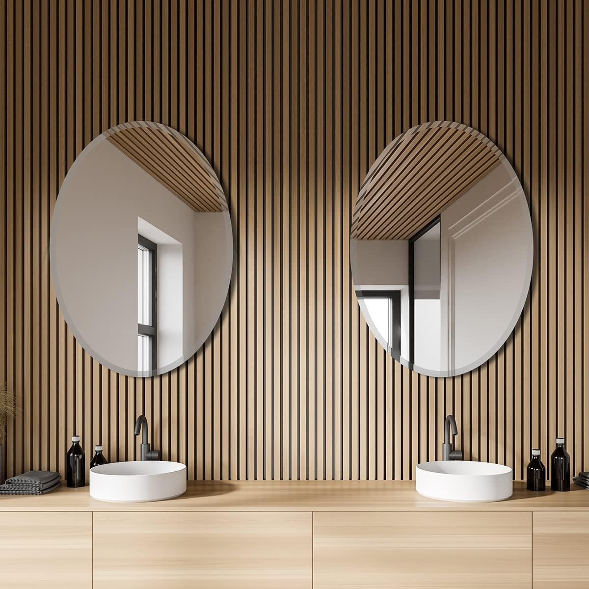 Oval Frameless Bathroom Mirror 28x20 Inch Beveled Edge, Easy Install