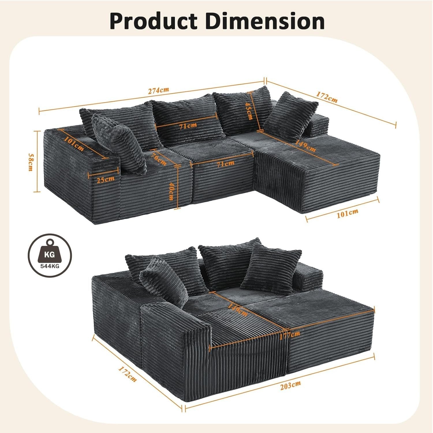 Modular 3/4 Seater Sofa Grey Corner Couch No Assembly, Memory Foam, 274cm
