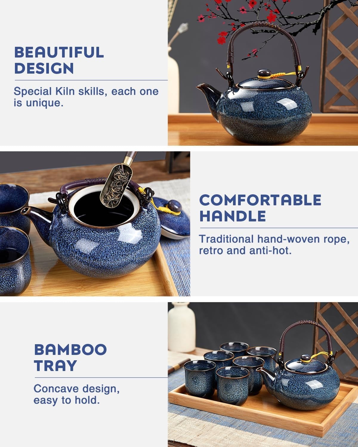 Japanese Porcelain Tea Set for 6 Blue Glaze Teapot Cups Bamboo Tray