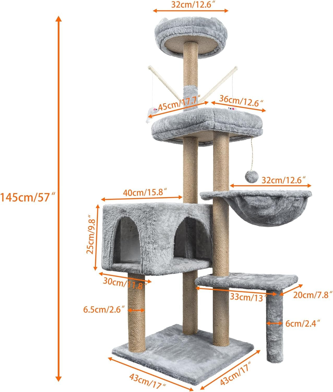 145cm Cat Tree Tower Multi Level Scratching Post Indoor Climber with Hammock