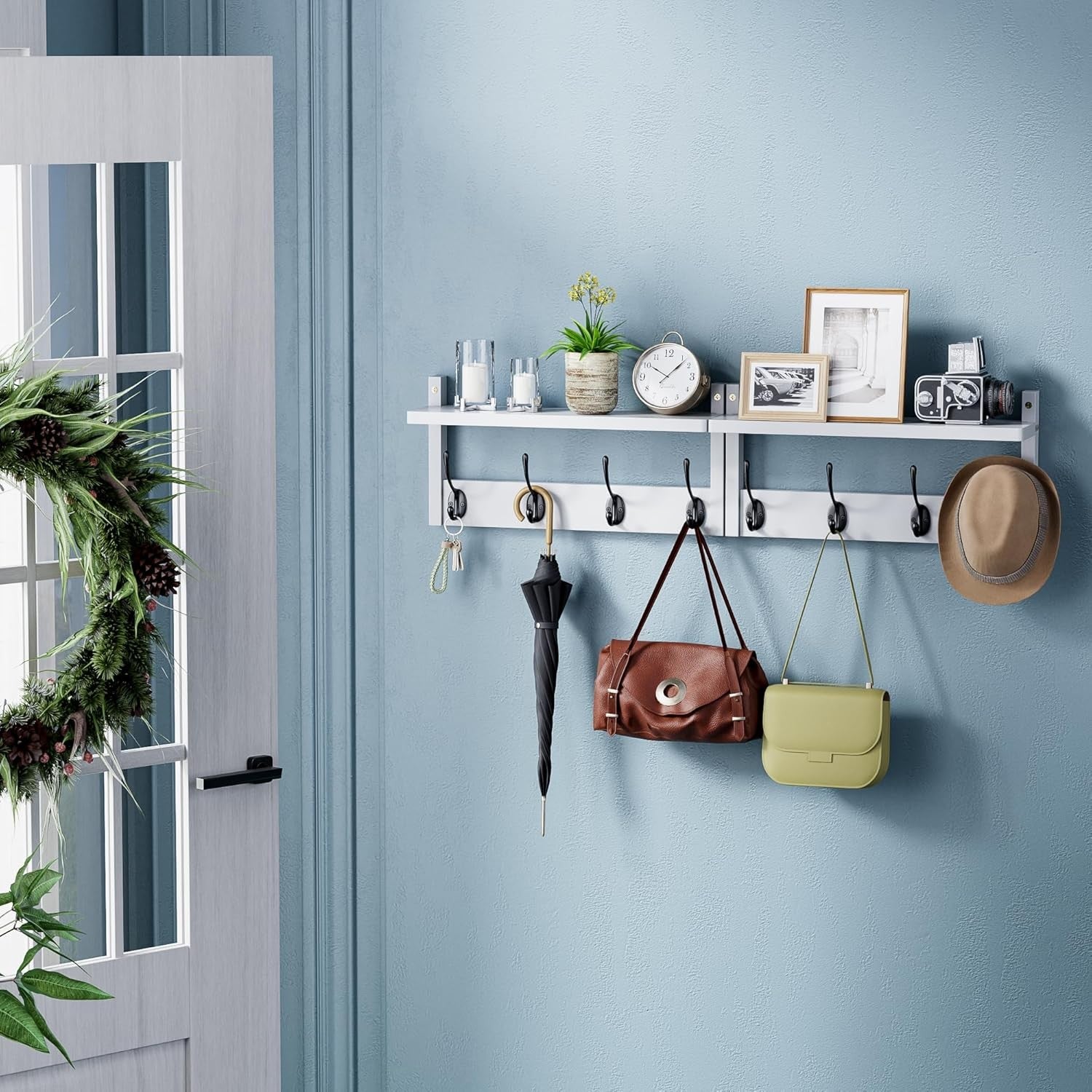 Wall Mounted Coat Rack with Shelf Set of 2 Bamboo Hooks Hallway Organizer
