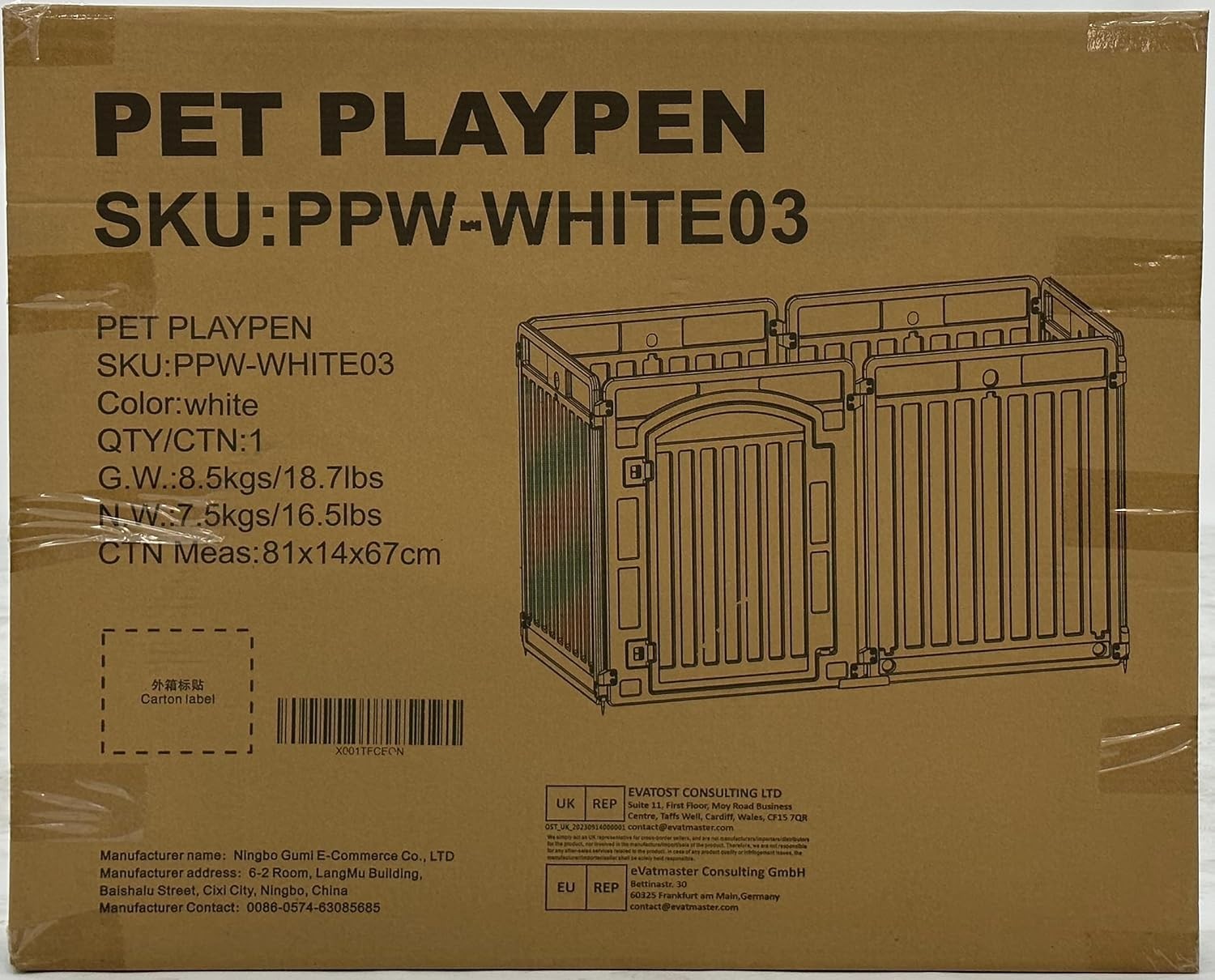 Foldable Puppy Playpen Indoor Dog Enclosure with Door 130x65x80cm