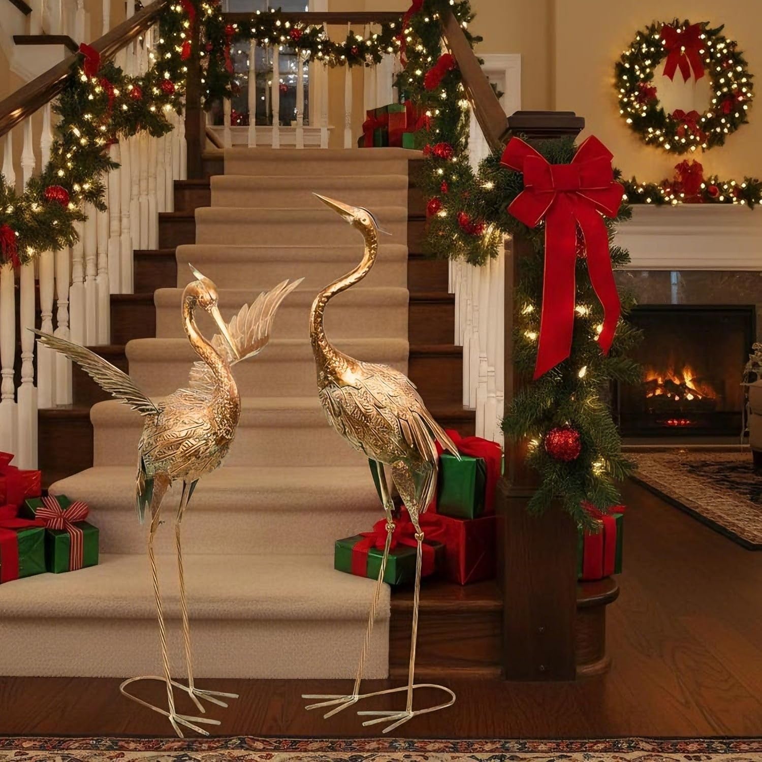 Large Metal Crane Garden Statues Pair 39in Bronze Heron Sculptures Outdoor Decor