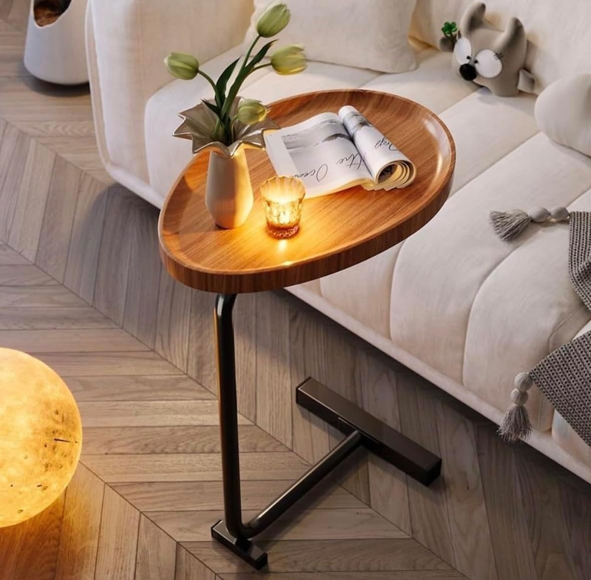 C-Shaped Sofa Side Table Wooden Top Black Metal Frame Compact 40x30x65cm