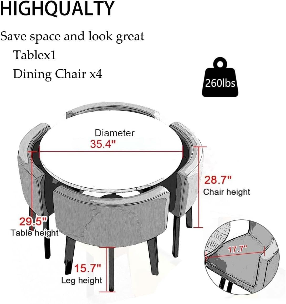 Round Dining Table Set Blue 4 Chairs, Faux Leather Space Saving Modern Kitchen