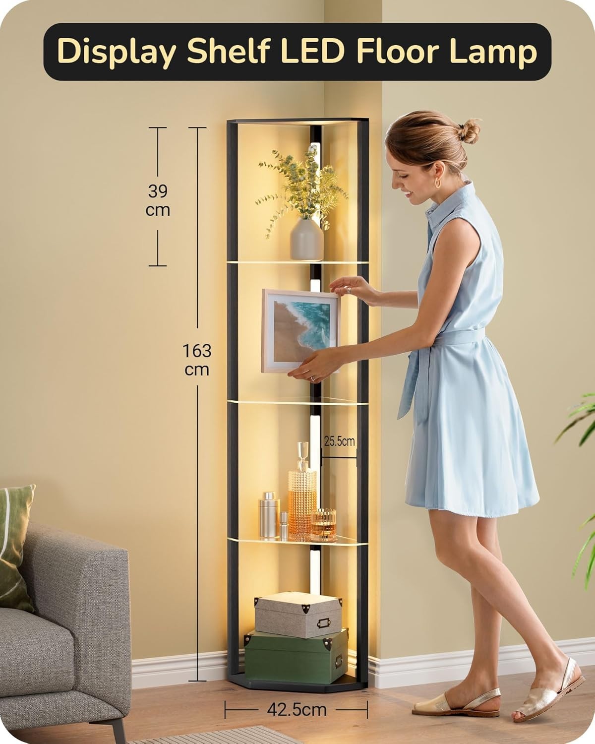 LED Corner Floor Lamp Shelf Dimmable 4-Tier Display Light Unit Black