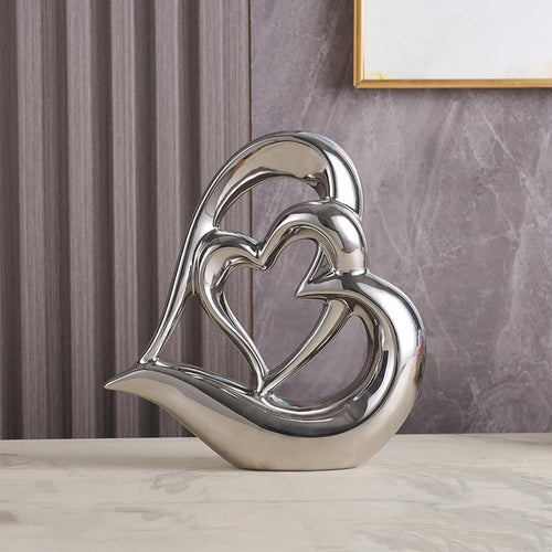 Silver Double Heart Ceramic Sculpture Modern Luxury Ornament Home Decor Gift