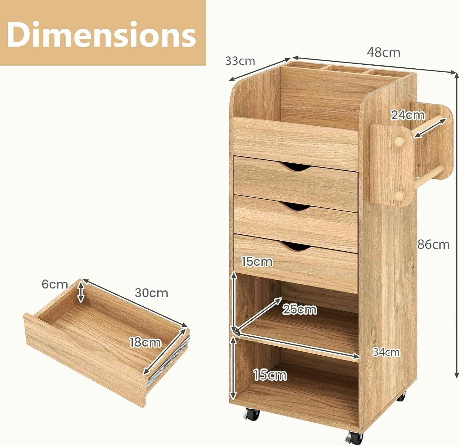 Natural Mobile File Cabinet 86cm 3 Drawer Under Desk Storage