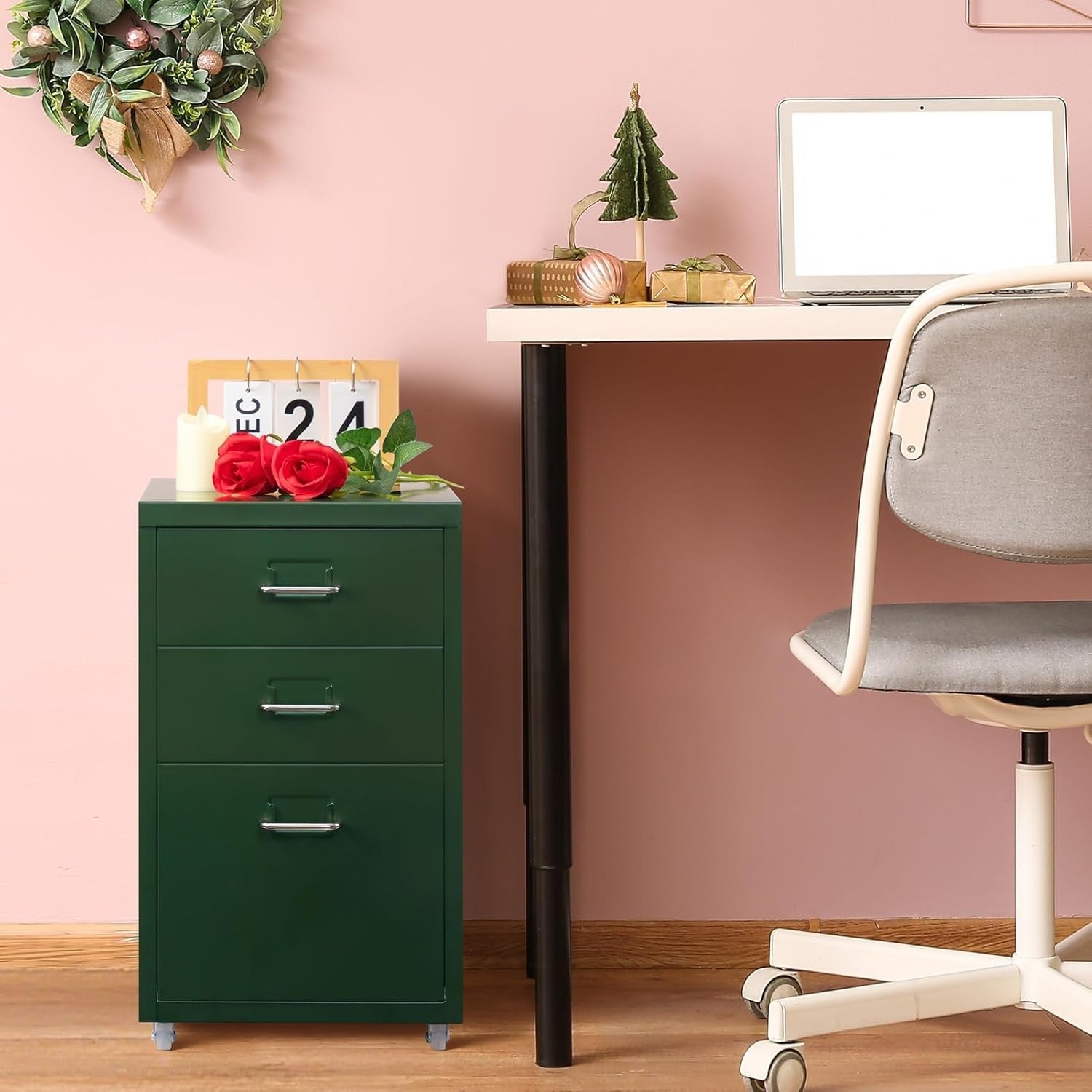 Dark Green Metal Rolling Drawer Cabinet 3 Tier Under Desk Storage