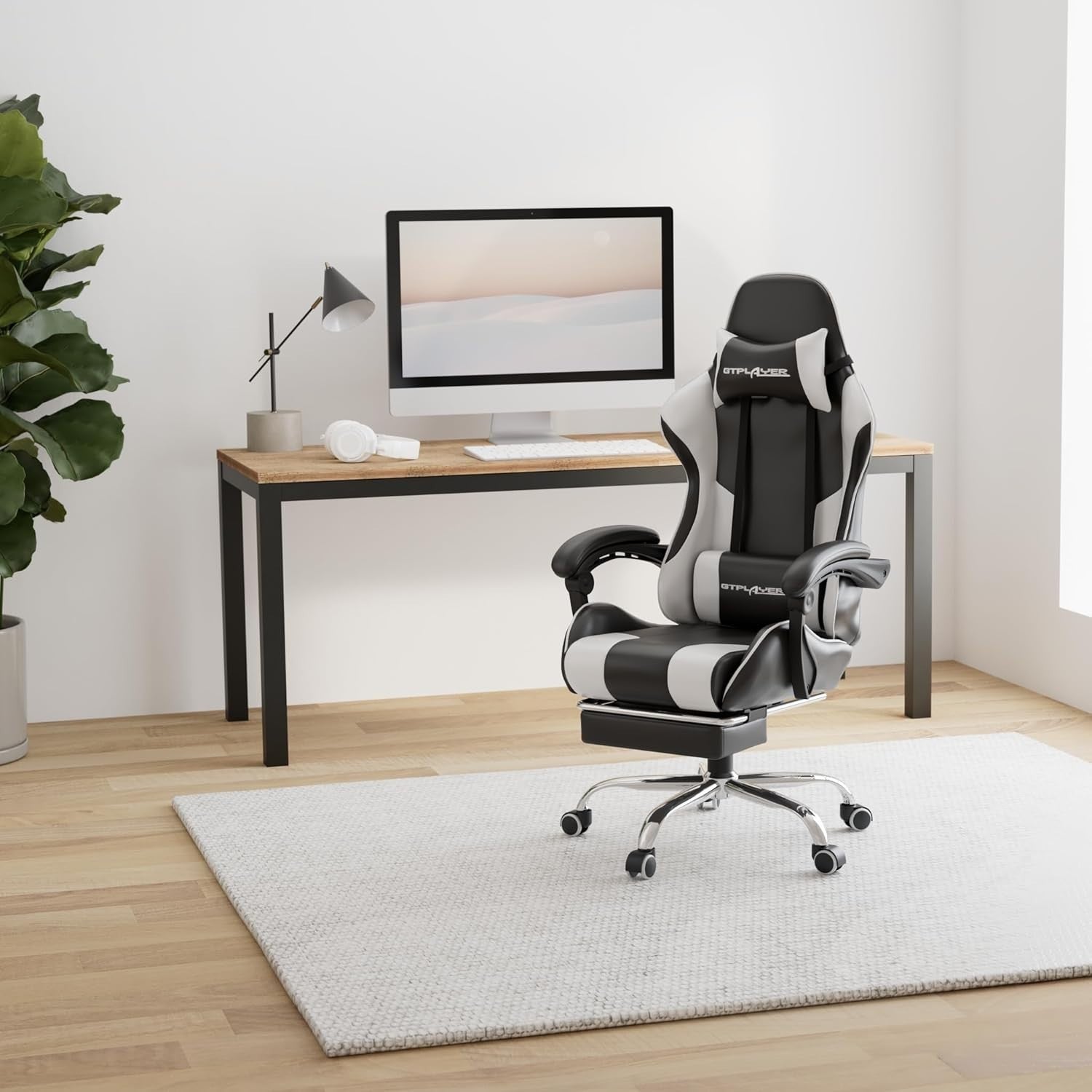 Gaming Chair White Faux Leather Recliner Footrest Massage Lumbar Support
