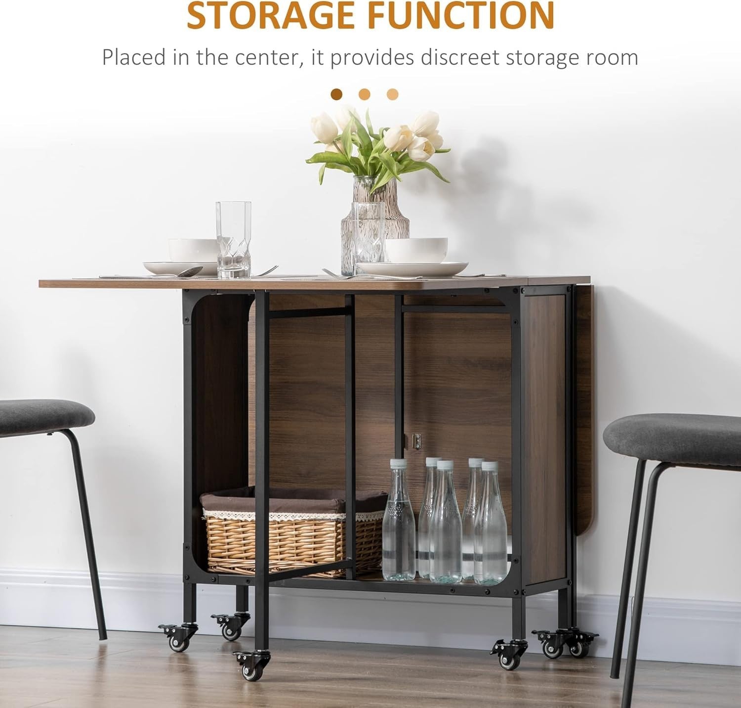 Folding Drop Leaf Dining Table with Wheels Storage Shelf Small Space