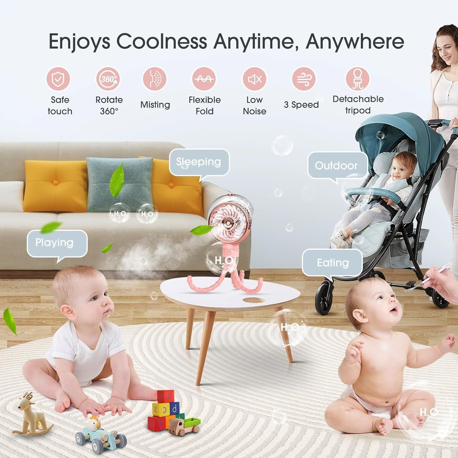 Stroller Clip Fan – Portable 5000mAh Rechargeable Misting Fan w/ Tripod & Clip