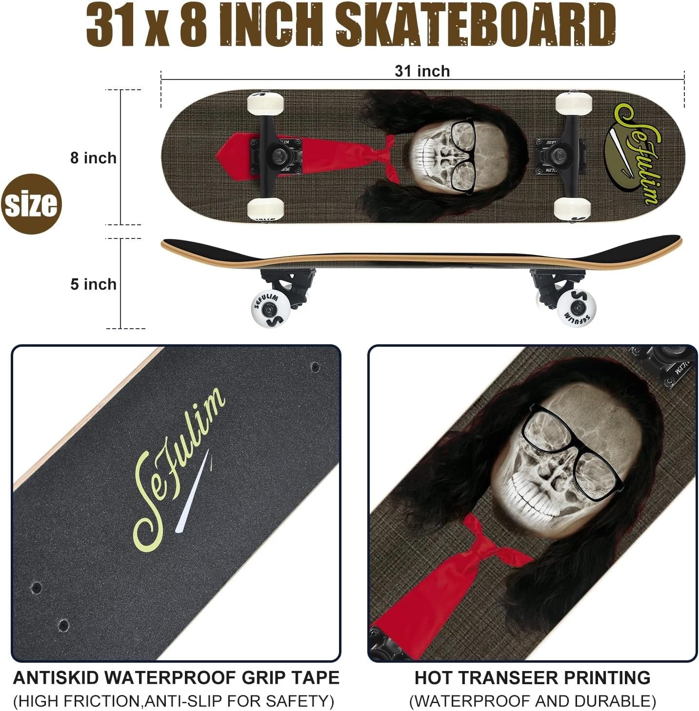 31" Complete Skateboard Maple Double Kick Trick Board PU Wheels Teens Adults