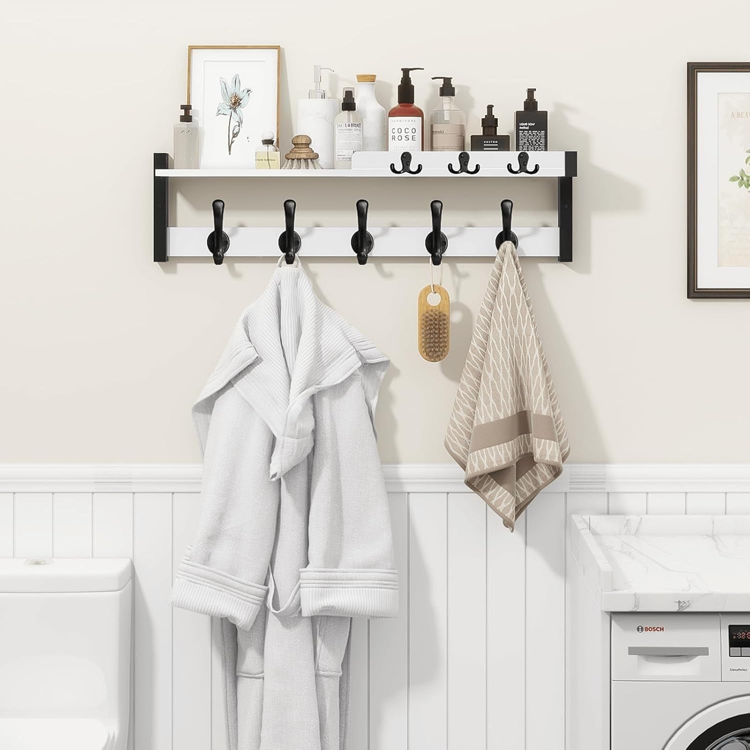 White Wall Coat Rack 29" Wood Shelf with Hooks & Key Holder Entryway Organizer