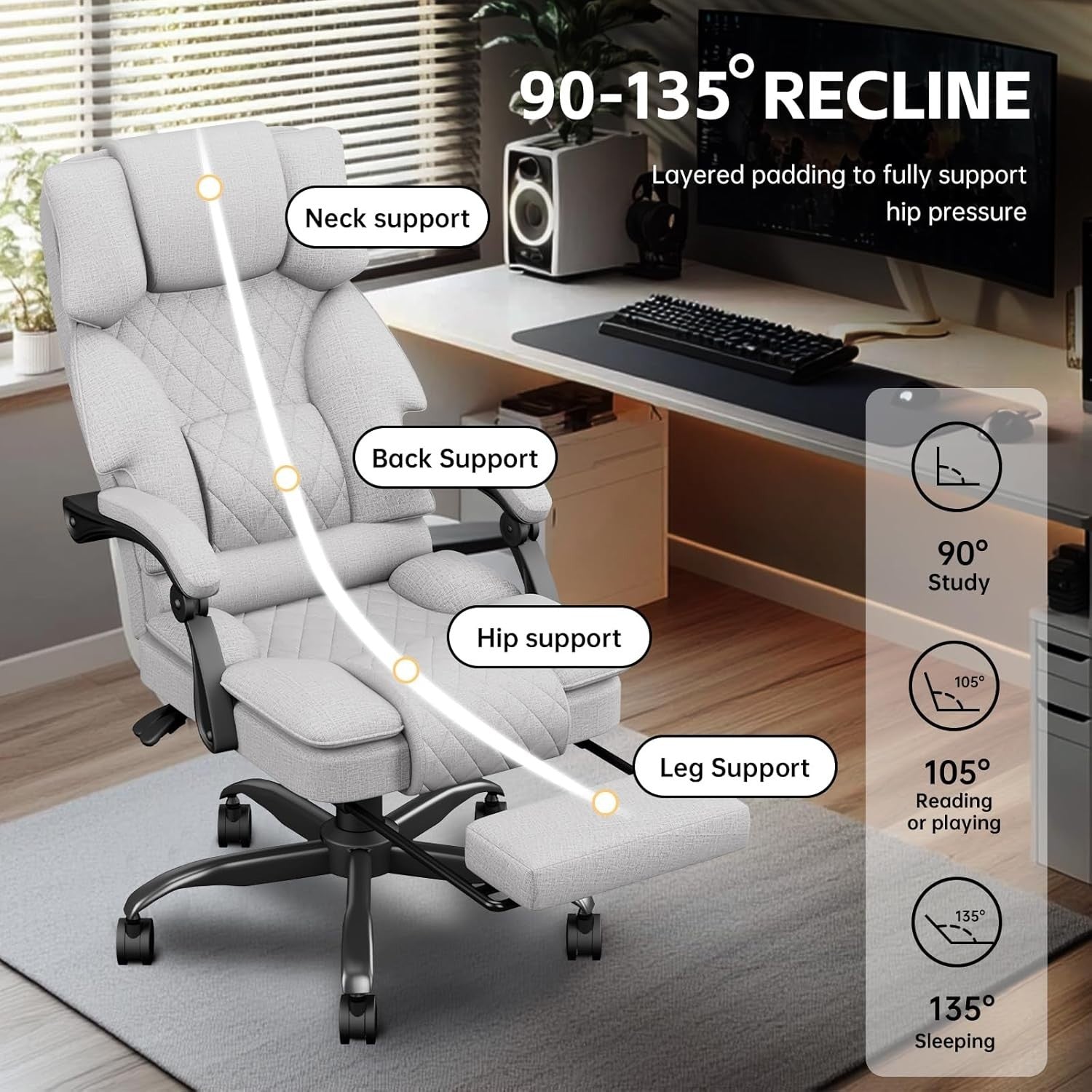 Ergonomic Office Chair Recliner w/ Footrest Wide Seat Memory Foam Light Grey