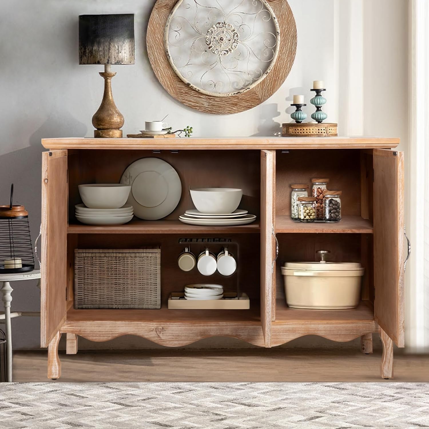 French Country Buffet Cabinet with 3 Doors Large Storage Natural Wood