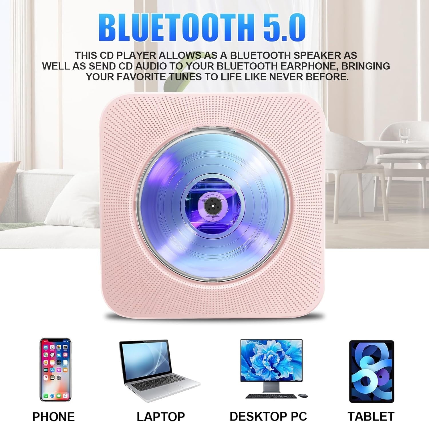 Pink Bluetooth CD Player FM Radio USB AUX HiFi Speakers Remote LED