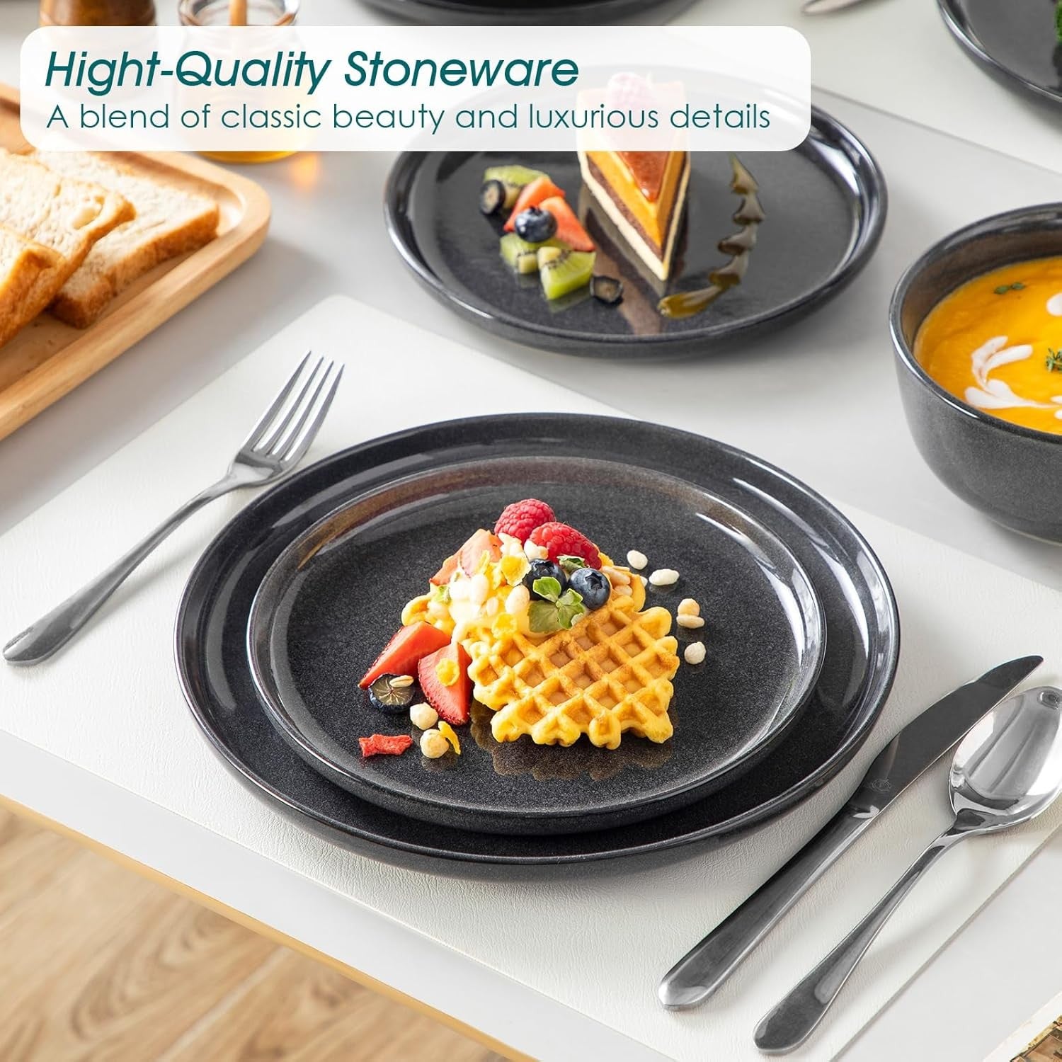18pc Ceramic Dinner Set Grey Plates Bowls Microwave Dishwasher Safe