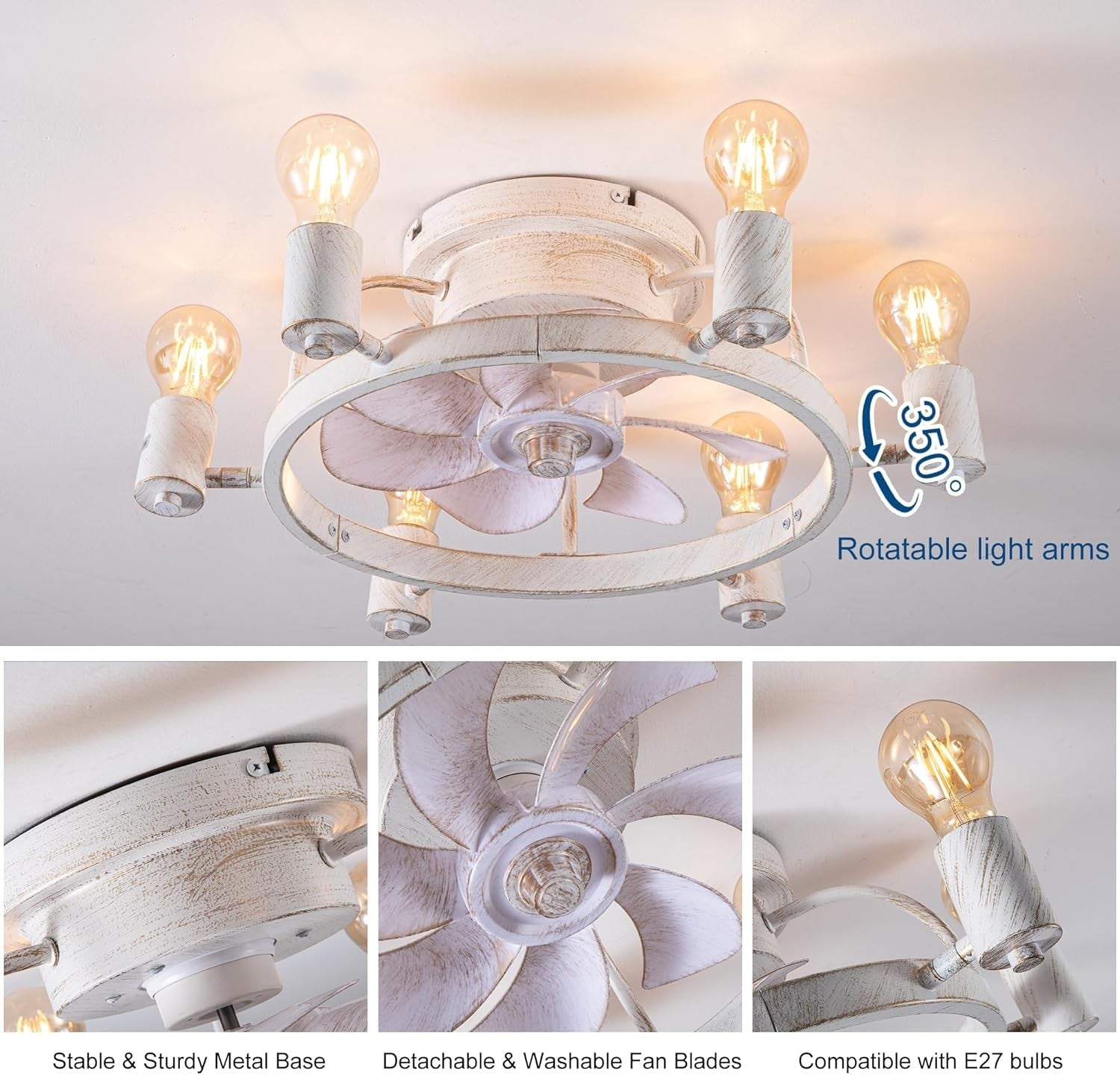 52CM Ceiling Fan Light, 6 Lights, Remote, Flush Mount Industrial Design, White