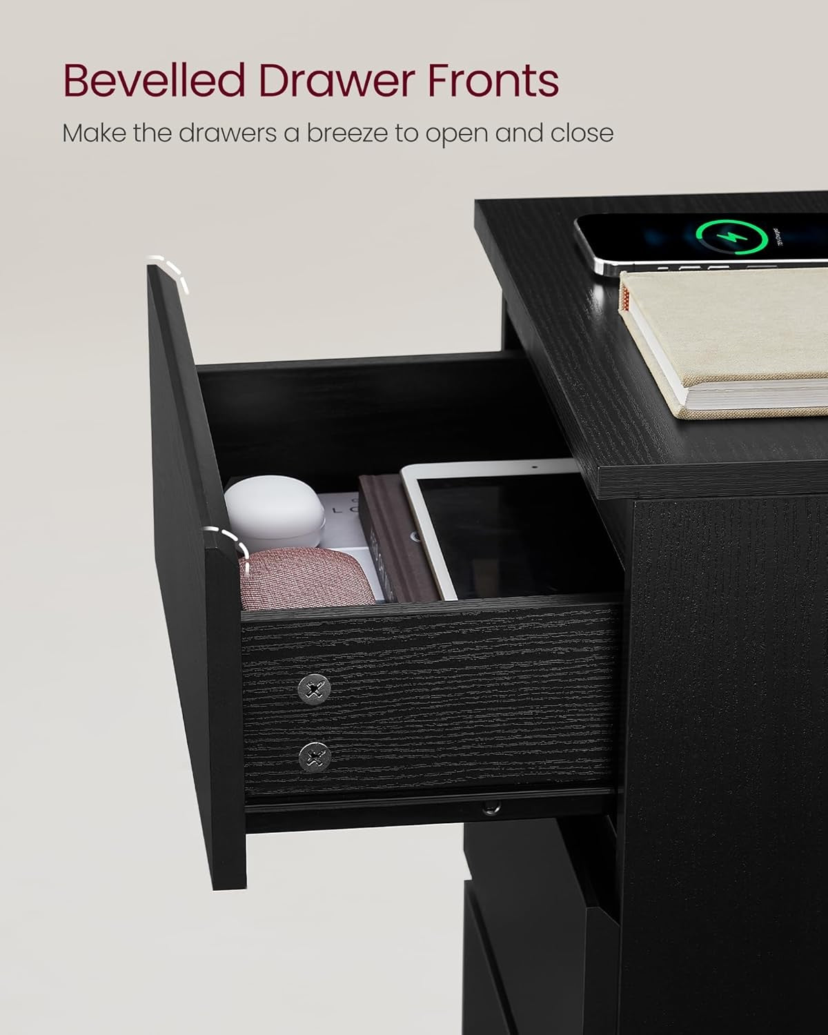 Black Bedside Table with Charging Station, 3 Drawers, USB & AC Ports, Modern