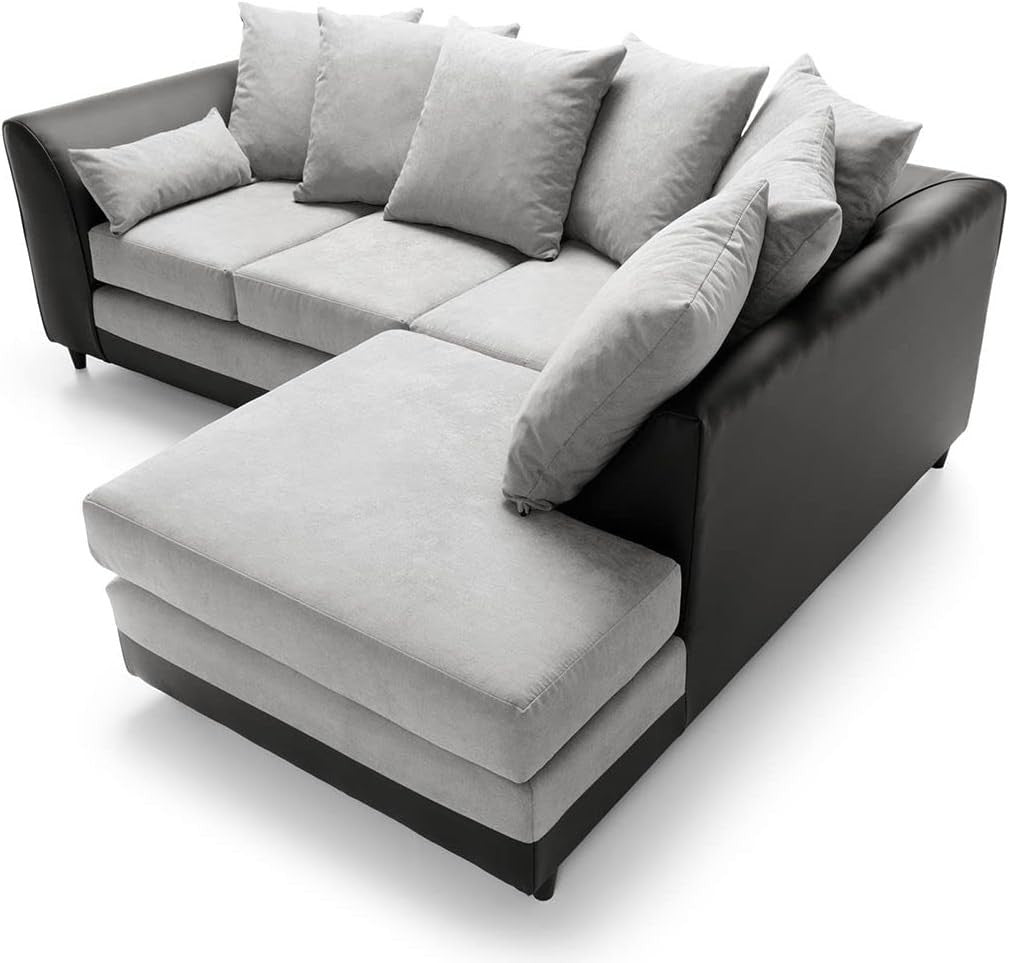 Modern Black L-Shaped Corner Sofa Sectional with Faux Leather & Chenille Comfort