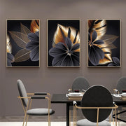 Set of 3 Black Gold Leaf Canvas Wall Art 40x60cm Nordic