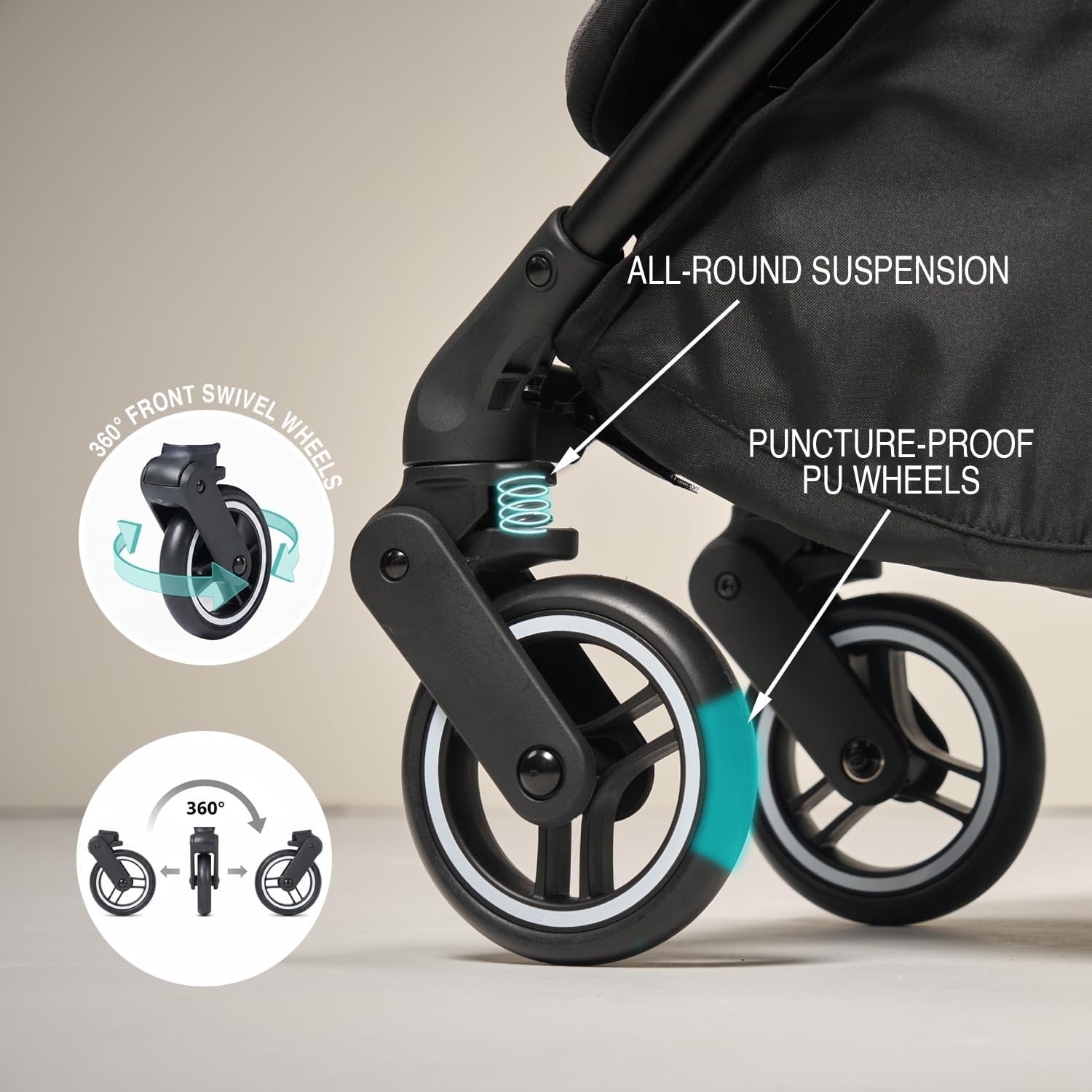 Auto-Fold Baby Stroller Grey Lightweight Lie-Flat Seat UPF50+ Canopy 360 Wheels