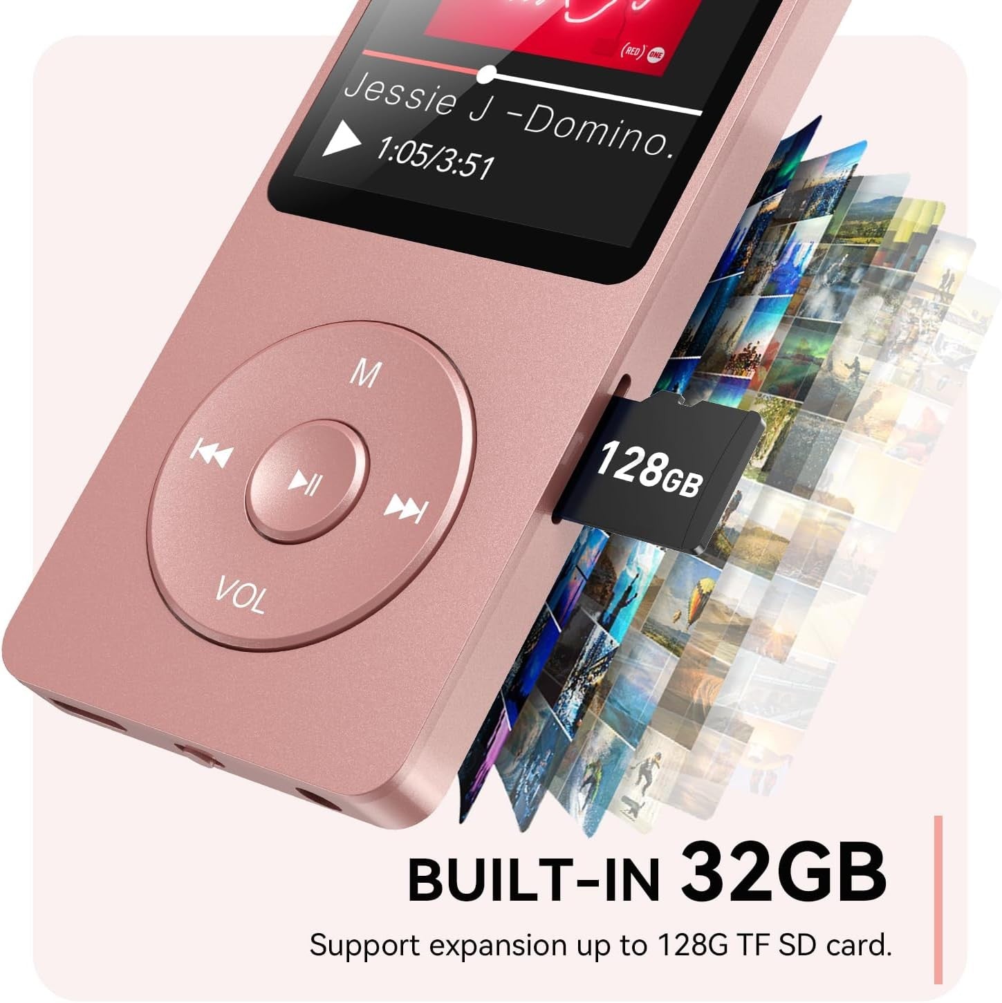 32GB MP3 Player Bluetooth 5.3 1.8" Screen Speaker FM Pink